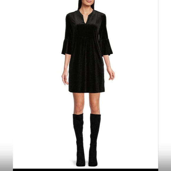 Jude Connally Kerry Stretch Velvet Split Round Neck 3/4 Bell Sleeve Shift Dress - Picture 1 of 12